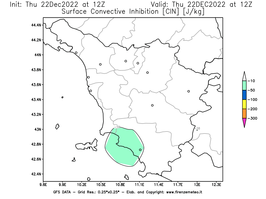 Mappa di analisi GFS - CIN [J/kg] in Toscana
							del 22/12/2022 12 <!--googleoff: index-->UTC<!--googleon: index-->