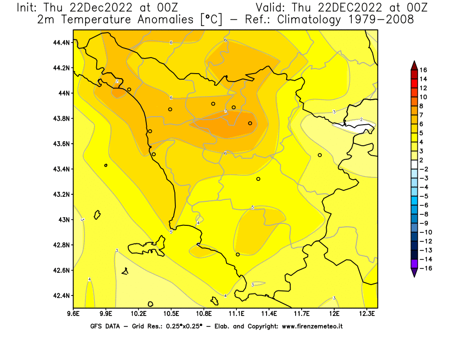 Mappa di analisi GFS - Anomalia Temperatura [°C] a 2 m in Toscana
							del 22/12/2022 00 <!--googleoff: index-->UTC<!--googleon: index-->