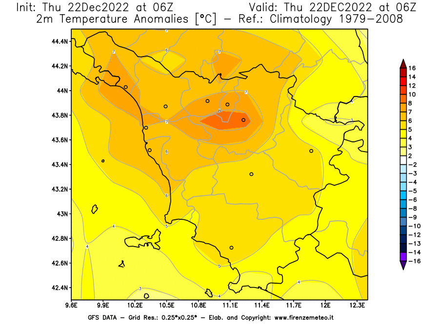 Mappa di analisi GFS - Anomalia Temperatura [°C] a 2 m in Toscana
							del 22/12/2022 06 <!--googleoff: index-->UTC<!--googleon: index-->