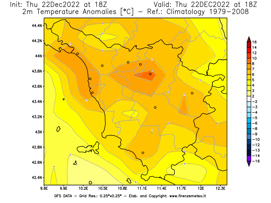 Mappa di analisi GFS - Anomalia Temperatura [°C] a 2 m in Toscana
							del 22/12/2022 18 <!--googleoff: index-->UTC<!--googleon: index-->