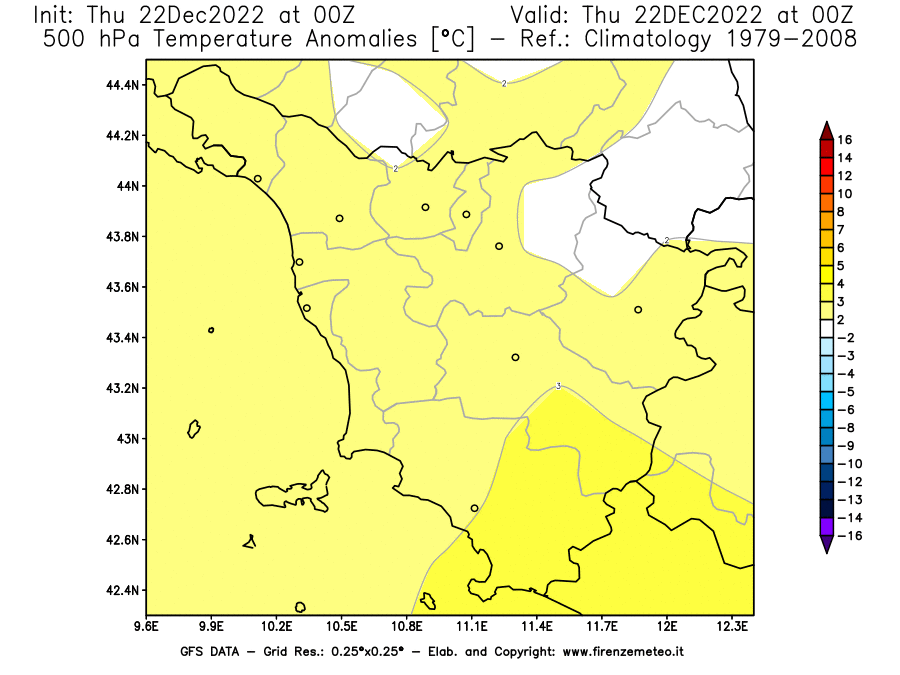 Mappa di analisi GFS - Anomalia Temperatura [°C] a 500 hPa in Toscana
							del 22/12/2022 00 <!--googleoff: index-->UTC<!--googleon: index-->