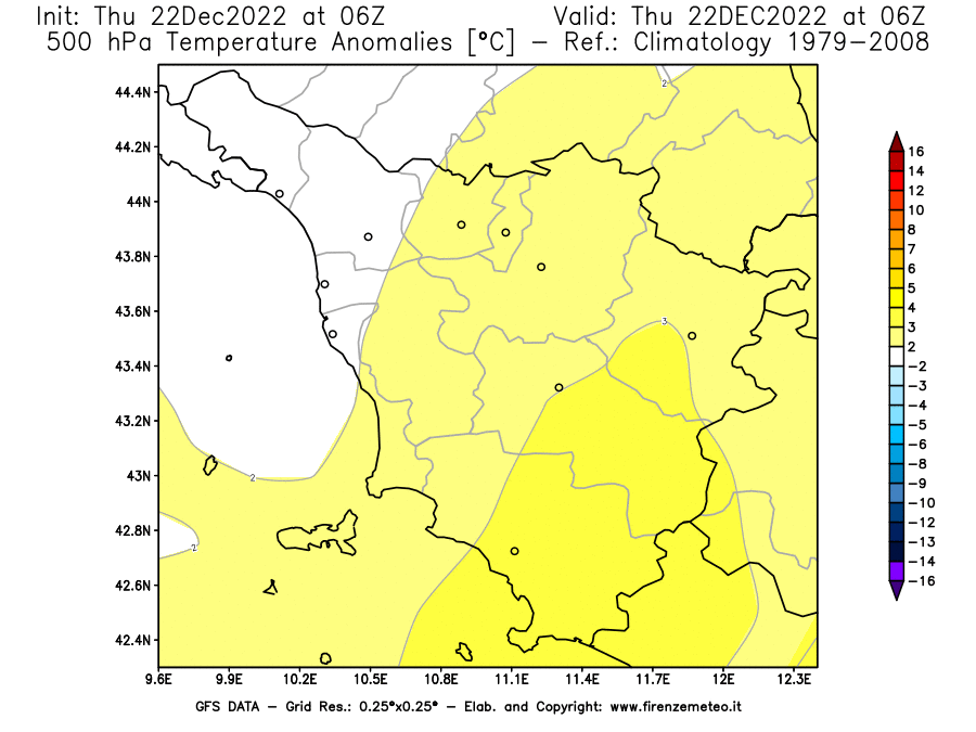 Mappa di analisi GFS - Anomalia Temperatura [°C] a 500 hPa in Toscana
							del 22/12/2022 06 <!--googleoff: index-->UTC<!--googleon: index-->