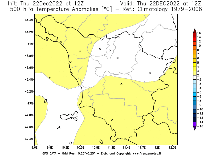 Mappa di analisi GFS - Anomalia Temperatura [°C] a 500 hPa in Toscana
							del 22/12/2022 12 <!--googleoff: index-->UTC<!--googleon: index-->