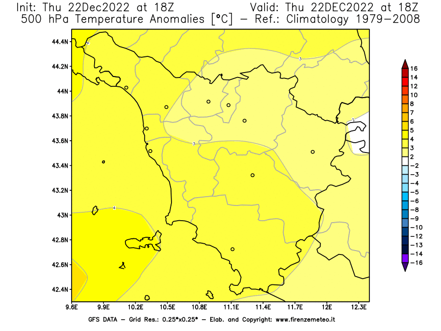 Mappa di analisi GFS - Anomalia Temperatura [°C] a 500 hPa in Toscana
							del 22/12/2022 18 <!--googleoff: index-->UTC<!--googleon: index-->