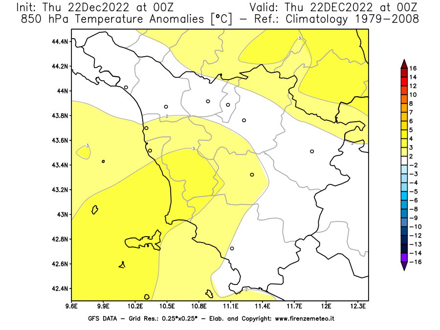 Mappa di analisi GFS - Anomalia Temperatura [°C] a 850 hPa in Toscana
							del 22/12/2022 00 <!--googleoff: index-->UTC<!--googleon: index-->