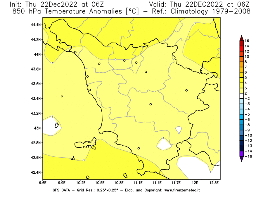 Mappa di analisi GFS - Anomalia Temperatura [°C] a 850 hPa in Toscana
							del 22/12/2022 06 <!--googleoff: index-->UTC<!--googleon: index-->