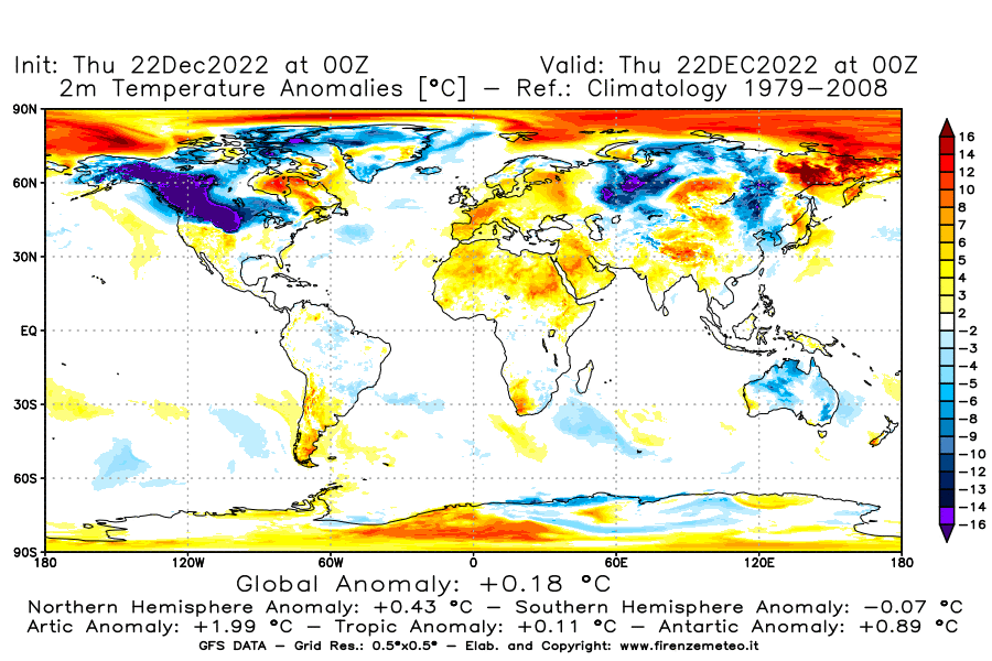 Mappa di analisi GFS - Anomalia Temperatura [°C] a 2 m in World
							del 22/12/2022 00 <!--googleoff: index-->UTC<!--googleon: index-->