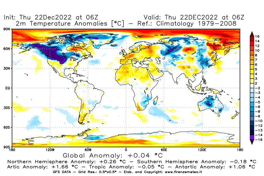 Mappa di analisi GFS - Anomalia Temperatura [°C] a 2 m in World
							del 22/12/2022 06 <!--googleoff: index-->UTC<!--googleon: index-->
