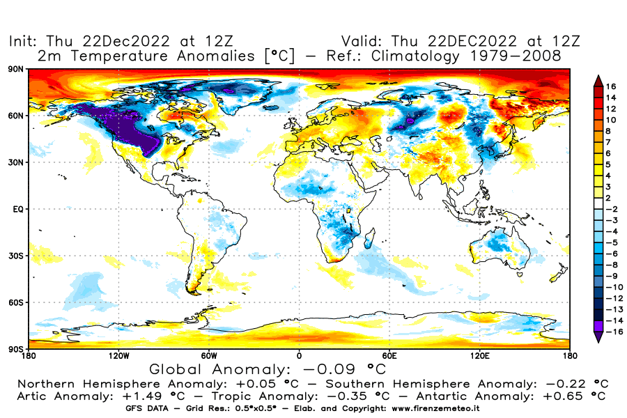 Mappa di analisi GFS - Anomalia Temperatura [°C] a 2 m in World
							del 22/12/2022 12 <!--googleoff: index-->UTC<!--googleon: index-->