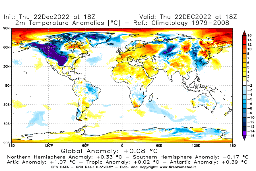 Mappa di analisi GFS - Anomalia Temperatura [°C] a 2 m in World
							del 22/12/2022 18 <!--googleoff: index-->UTC<!--googleon: index-->