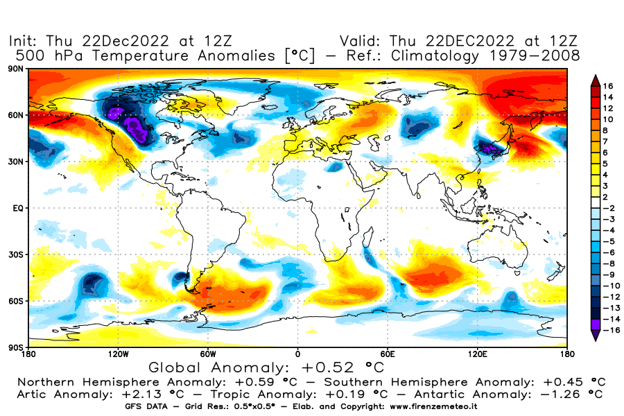 Mappa di analisi GFS - Anomalia Temperatura [°C] a 500 hPa in World
							del 22/12/2022 12 <!--googleoff: index-->UTC<!--googleon: index-->