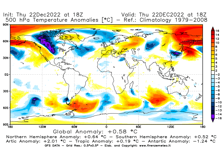 Mappa di analisi GFS - Anomalia Temperatura [°C] a 500 hPa in World
							del 22/12/2022 18 <!--googleoff: index-->UTC<!--googleon: index-->