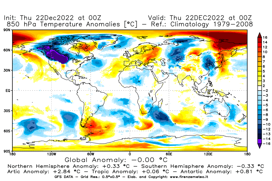 Mappa di analisi GFS - Anomalia Temperatura [°C] a 850 hPa in World
							del 22/12/2022 00 <!--googleoff: index-->UTC<!--googleon: index-->