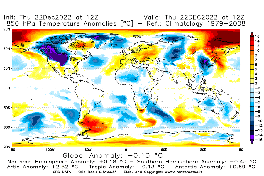 Mappa di analisi GFS - Anomalia Temperatura [°C] a 850 hPa in World
							del 22/12/2022 12 <!--googleoff: index-->UTC<!--googleon: index-->
