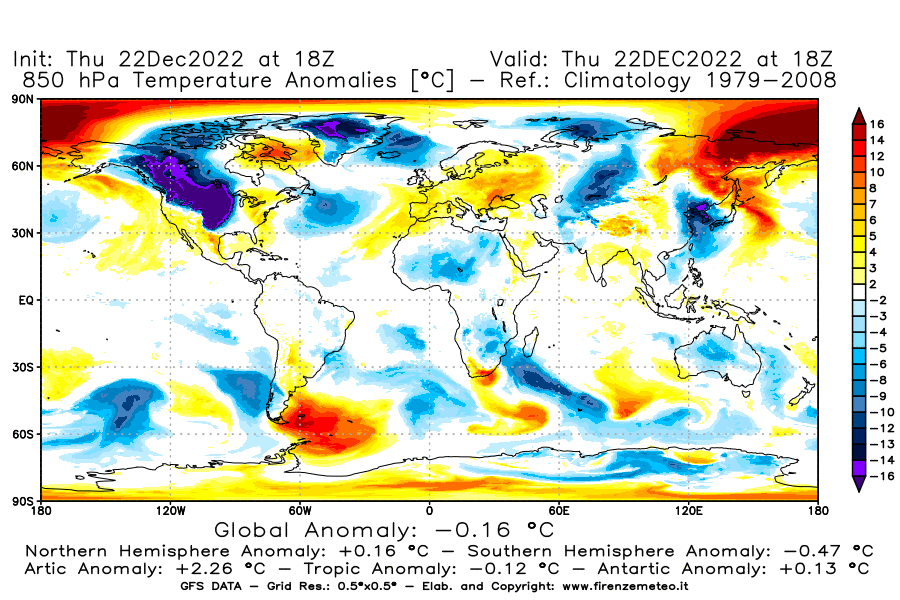 Mappa di analisi GFS - Anomalia Temperatura [°C] a 850 hPa in World
							del 22/12/2022 18 <!--googleoff: index-->UTC<!--googleon: index-->