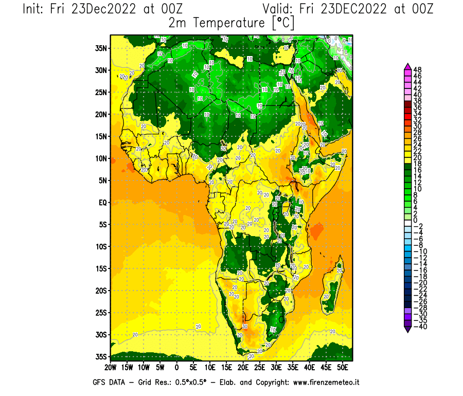 Mappa di analisi GFS - Temperatura a 2 metri dal suolo [°C] in Africa
							del 23/12/2022 00 <!--googleoff: index-->UTC<!--googleon: index-->