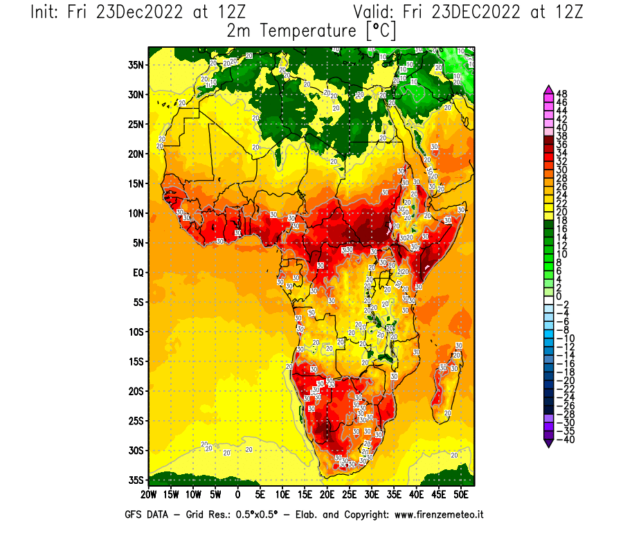Mappa di analisi GFS - Temperatura a 2 metri dal suolo [°C] in Africa
							del 23/12/2022 12 <!--googleoff: index-->UTC<!--googleon: index-->