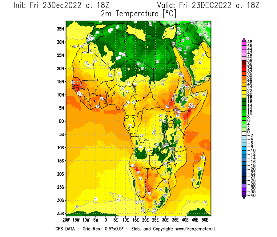 Mappa di analisi GFS - Temperatura a 2 metri dal suolo [°C] in Africa
							del 23/12/2022 18 <!--googleoff: index-->UTC<!--googleon: index-->