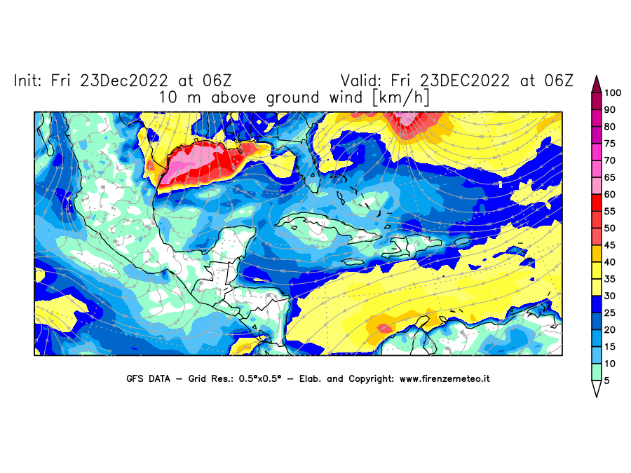 Mappa di analisi GFS - Velocità del vento a 10 metri dal suolo [km/h] in Centro-America
							del 23/12/2022 06 <!--googleoff: index-->UTC<!--googleon: index-->