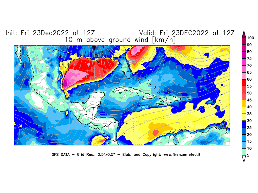 Mappa di analisi GFS - Velocità del vento a 10 metri dal suolo [km/h] in Centro-America
							del 23/12/2022 12 <!--googleoff: index-->UTC<!--googleon: index-->