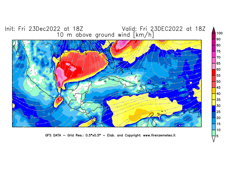 Mappa di analisi GFS - Velocità del vento a 10 metri dal suolo in Centro-America
							del 23 dicembre 2022 z18
