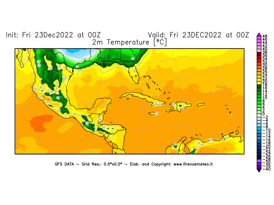 Mappa di analisi GFS - Temperatura a 2 metri dal suolo in Centro-America
							del 23 dicembre 2022 z00