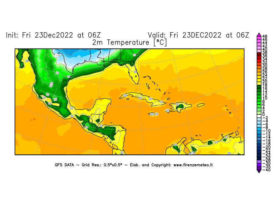 Mappa di analisi GFS - Temperatura a 2 metri dal suolo [°C] in Centro-America
							del 23/12/2022 06 <!--googleoff: index-->UTC<!--googleon: index-->