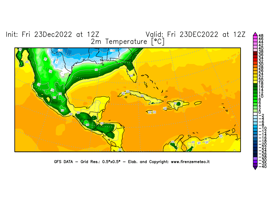 Mappa di analisi GFS - Temperatura a 2 metri dal suolo [°C] in Centro-America
							del 23/12/2022 12 <!--googleoff: index-->UTC<!--googleon: index-->