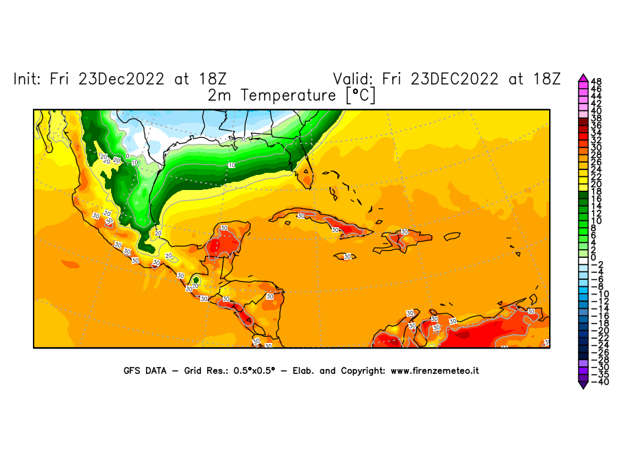 Mappa di analisi GFS - Temperatura a 2 metri dal suolo [°C] in Centro-America
							del 23/12/2022 18 <!--googleoff: index-->UTC<!--googleon: index-->