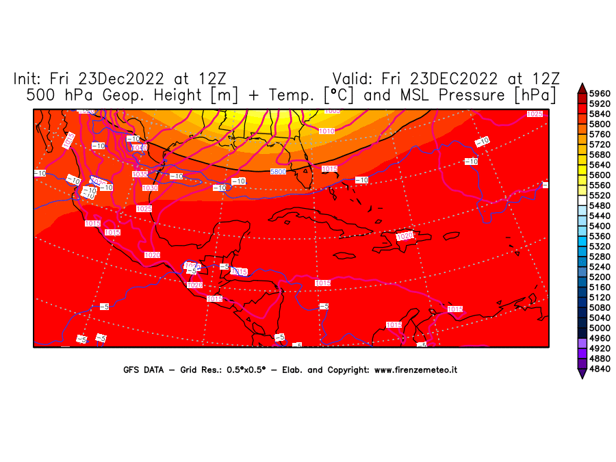 Mappa di analisi GFS - Geopotenziale [m] + Temp. [°C] a 500 hPa + Press. a livello del mare [hPa] in Centro-America
							del 23/12/2022 12 <!--googleoff: index-->UTC<!--googleon: index-->
