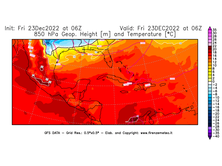 Mappa di analisi GFS - Geopotenziale [m] e Temperatura [°C] a 850 hPa in Centro-America
							del 23/12/2022 06 <!--googleoff: index-->UTC<!--googleon: index-->