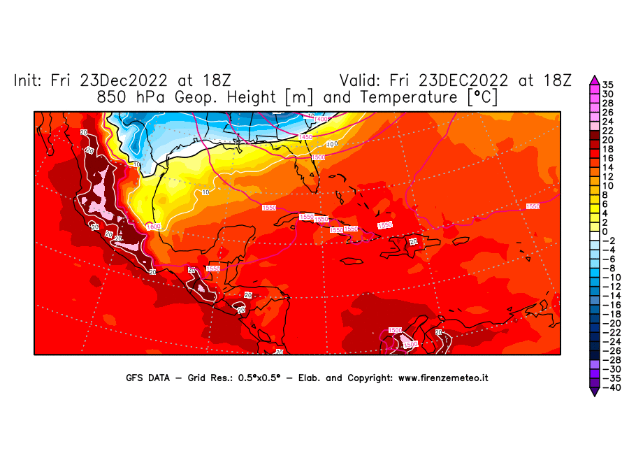 Mappa di analisi GFS - Geopotenziale [m] e Temperatura [°C] a 850 hPa in Centro-America
							del 23/12/2022 18 <!--googleoff: index-->UTC<!--googleon: index-->