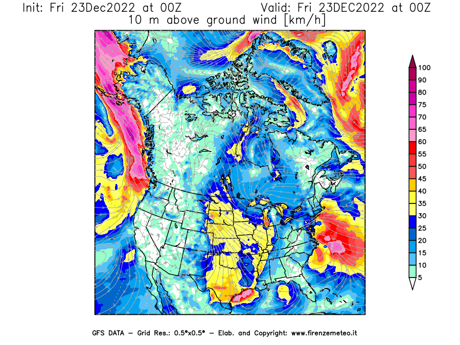 Mappa di analisi GFS - Velocità del vento a 10 metri dal suolo [km/h] in Nord-America
							del 23/12/2022 00 <!--googleoff: index-->UTC<!--googleon: index-->