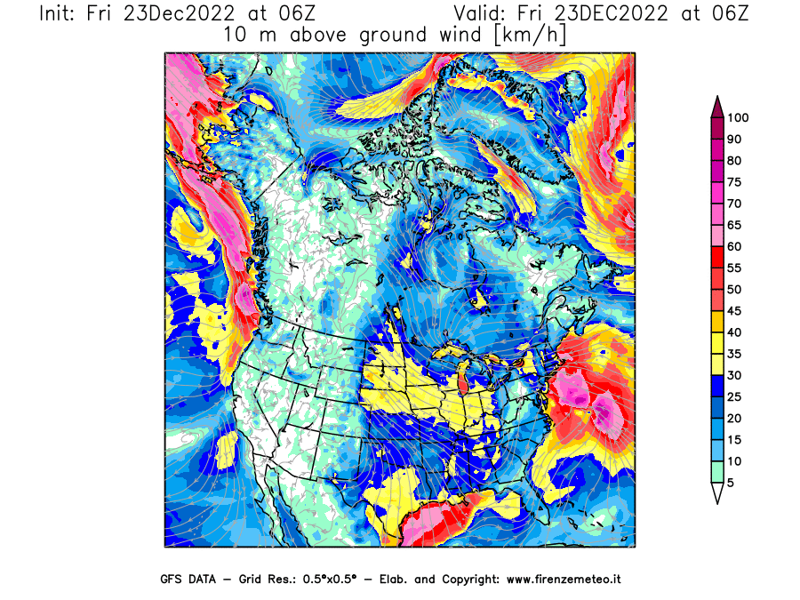Mappa di analisi GFS - Velocità del vento a 10 metri dal suolo in Nord-America
							del 23 dicembre 2022 z06
