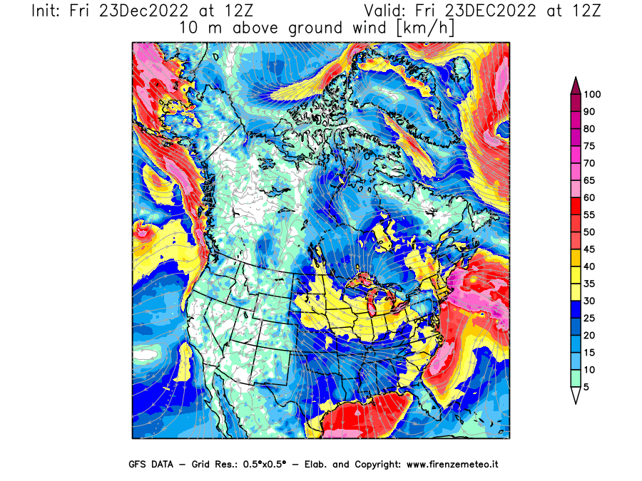 Mappa di analisi GFS - Velocità del vento a 10 metri dal suolo [km/h] in Nord-America
							del 23/12/2022 12 <!--googleoff: index-->UTC<!--googleon: index-->