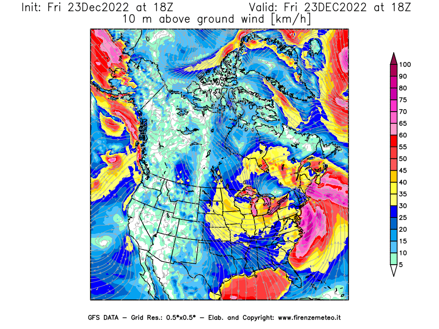 Mappa di analisi GFS - Velocità del vento a 10 metri dal suolo in Nord-America
							del 23 dicembre 2022 z18