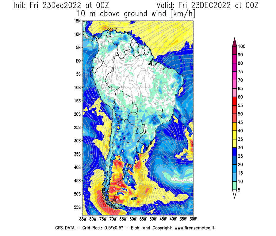 Mappa di analisi GFS - Velocità del vento a 10 metri dal suolo [km/h] in Sud-America
							del 23/12/2022 00 <!--googleoff: index-->UTC<!--googleon: index-->