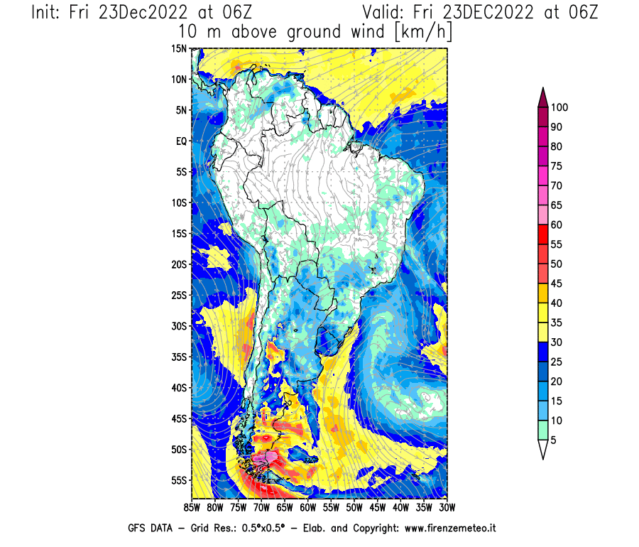 Mappa di analisi GFS - Velocità del vento a 10 metri dal suolo [km/h] in Sud-America
							del 23/12/2022 06 <!--googleoff: index-->UTC<!--googleon: index-->