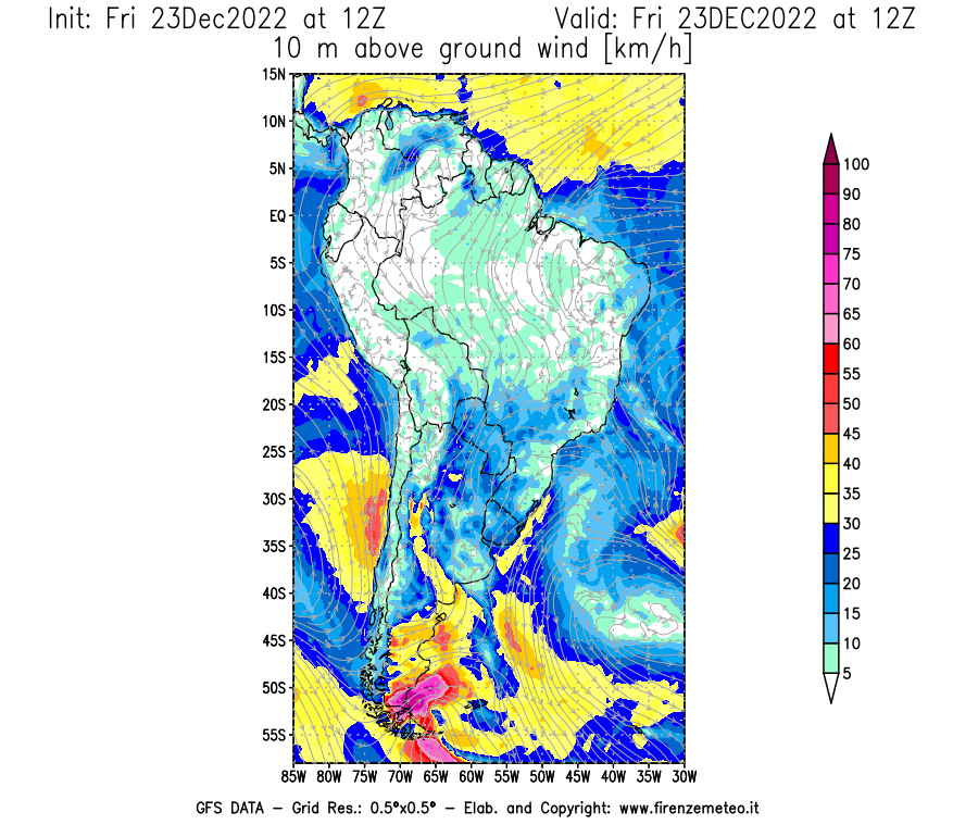 Mappa di analisi GFS - Velocità del vento a 10 metri dal suolo [km/h] in Sud-America
							del 23/12/2022 12 <!--googleoff: index-->UTC<!--googleon: index-->
