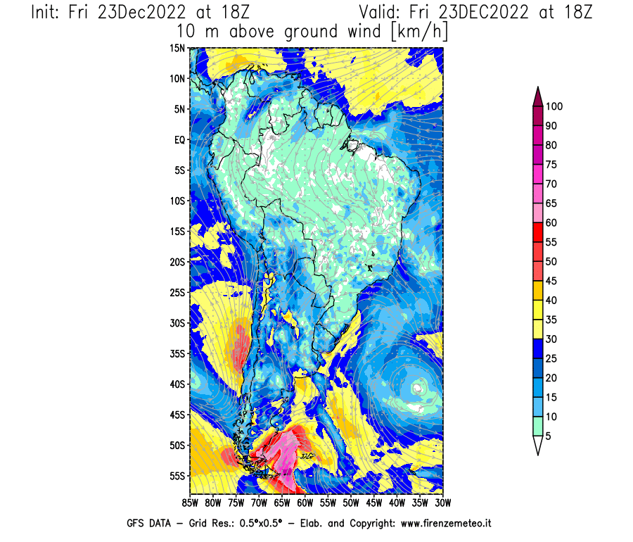 Mappa di analisi GFS - Velocità del vento a 10 metri dal suolo [km/h] in Sud-America
							del 23/12/2022 18 <!--googleoff: index-->UTC<!--googleon: index-->