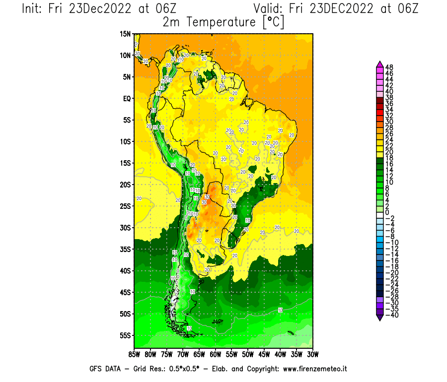 Mappa di analisi GFS - Temperatura a 2 metri dal suolo [°C] in Sud-America
							del 23/12/2022 06 <!--googleoff: index-->UTC<!--googleon: index-->