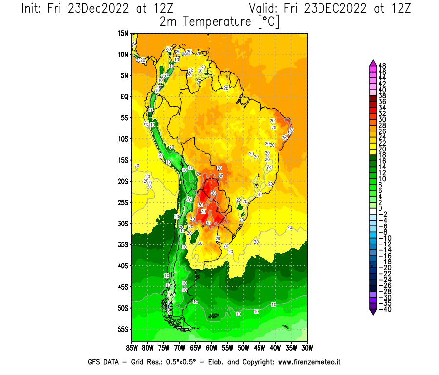 Mappa di analisi GFS - Temperatura a 2 metri dal suolo [°C] in Sud-America
							del 23/12/2022 12 <!--googleoff: index-->UTC<!--googleon: index-->