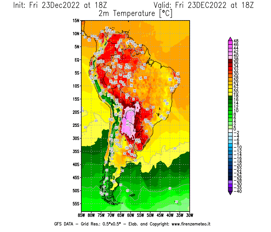 Mappa di analisi GFS - Temperatura a 2 metri dal suolo [°C] in Sud-America
							del 23/12/2022 18 <!--googleoff: index-->UTC<!--googleon: index-->