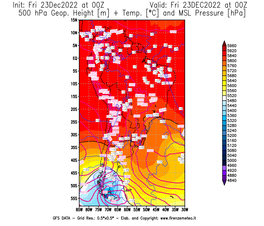 Mappa di analisi GFS - Geopotenziale [m] + Temp. [°C] a 500 hPa + Press. a livello del mare [hPa] in Sud-America
							del 23/12/2022 00 <!--googleoff: index-->UTC<!--googleon: index-->