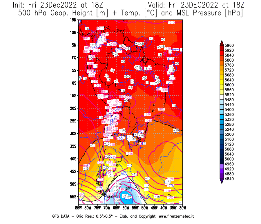 Mappa di analisi GFS - Geopotenziale [m] + Temp. [°C] a 500 hPa + Press. a livello del mare [hPa] in Sud-America
							del 23/12/2022 18 <!--googleoff: index-->UTC<!--googleon: index-->