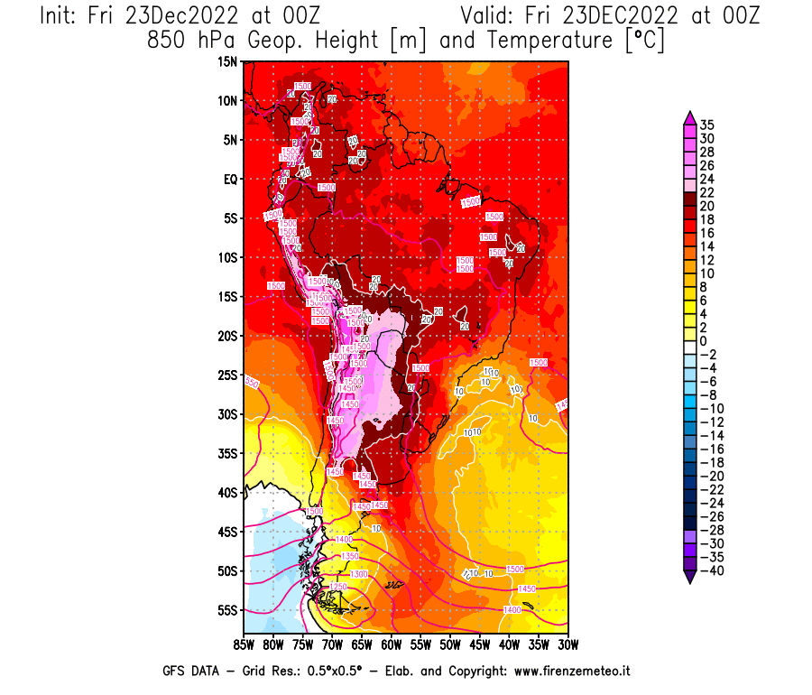 Mappa di analisi GFS - Geopotenziale [m] e Temperatura [°C] a 850 hPa in Sud-America
							del 23/12/2022 00 <!--googleoff: index-->UTC<!--googleon: index-->