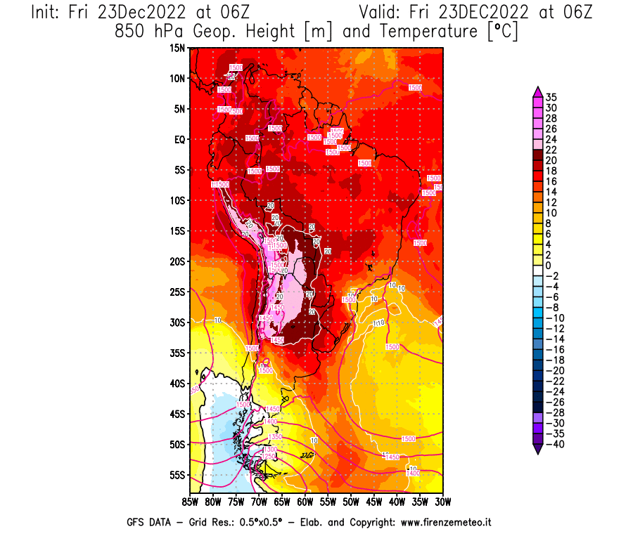 Mappa di analisi GFS - Geopotenziale [m] e Temperatura [°C] a 850 hPa in Sud-America
							del 23/12/2022 06 <!--googleoff: index-->UTC<!--googleon: index-->