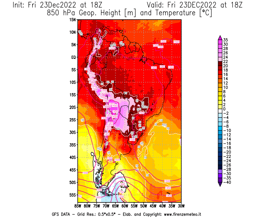 Mappa di analisi GFS - Geopotenziale [m] e Temperatura [°C] a 850 hPa in Sud-America
							del 23/12/2022 18 <!--googleoff: index-->UTC<!--googleon: index-->