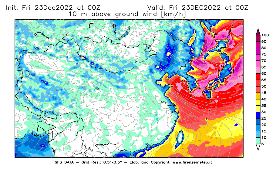 Mappa di analisi GFS - Velocità del vento a 10 metri dal suolo [km/h] in Asia Orientale
							del 23/12/2022 00 <!--googleoff: index-->UTC<!--googleon: index-->