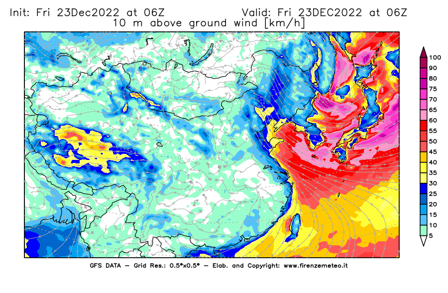 Mappa di analisi GFS - Velocità del vento a 10 metri dal suolo [km/h] in Asia Orientale
							del 23/12/2022 06 <!--googleoff: index-->UTC<!--googleon: index-->